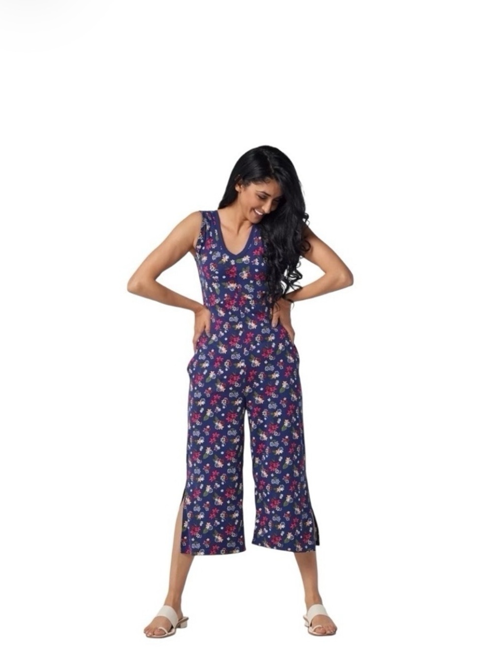 Cuddl Duds Navy Floral Sleeveless Cropped Jumpsuit
